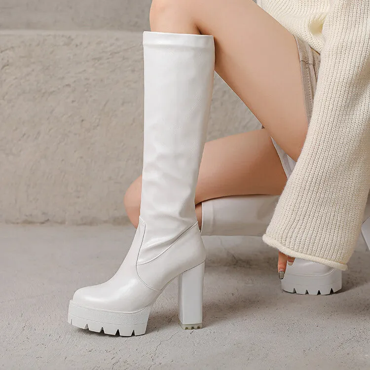 Women's Round Toe Block Heel Platform Knee High Boots
