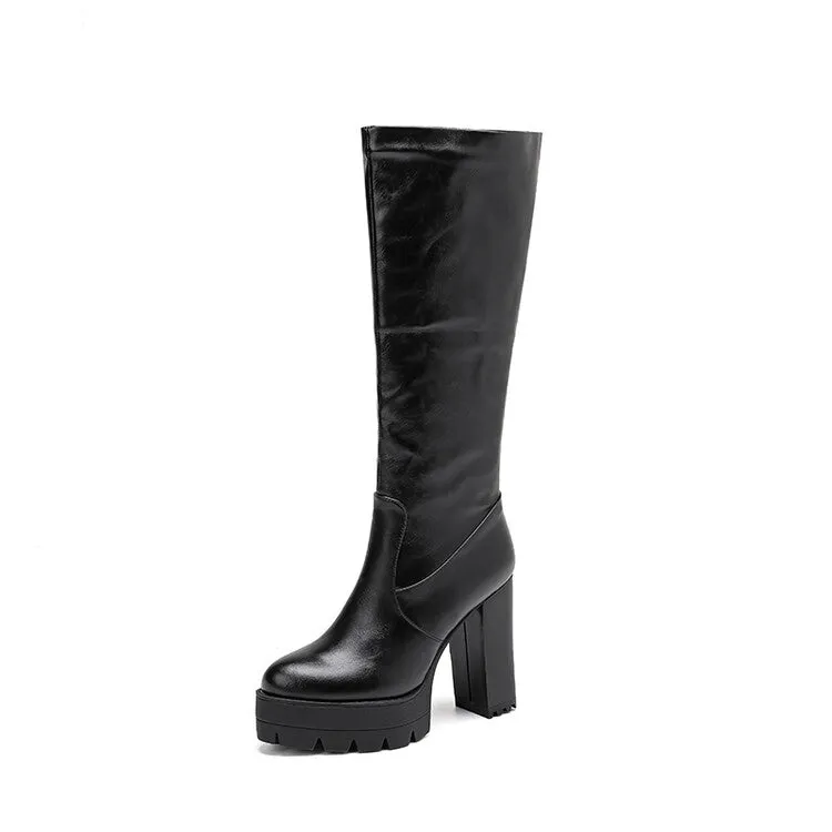 Women's Round Toe Block Heel Platform Knee High Boots