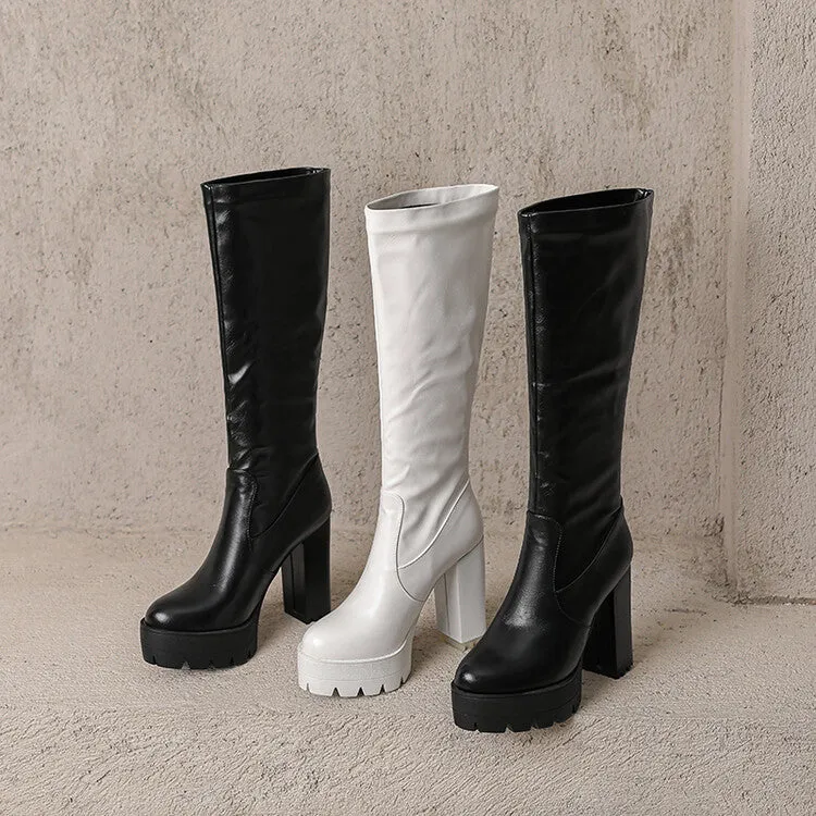 Women's Round Toe Block Heel Platform Knee High Boots