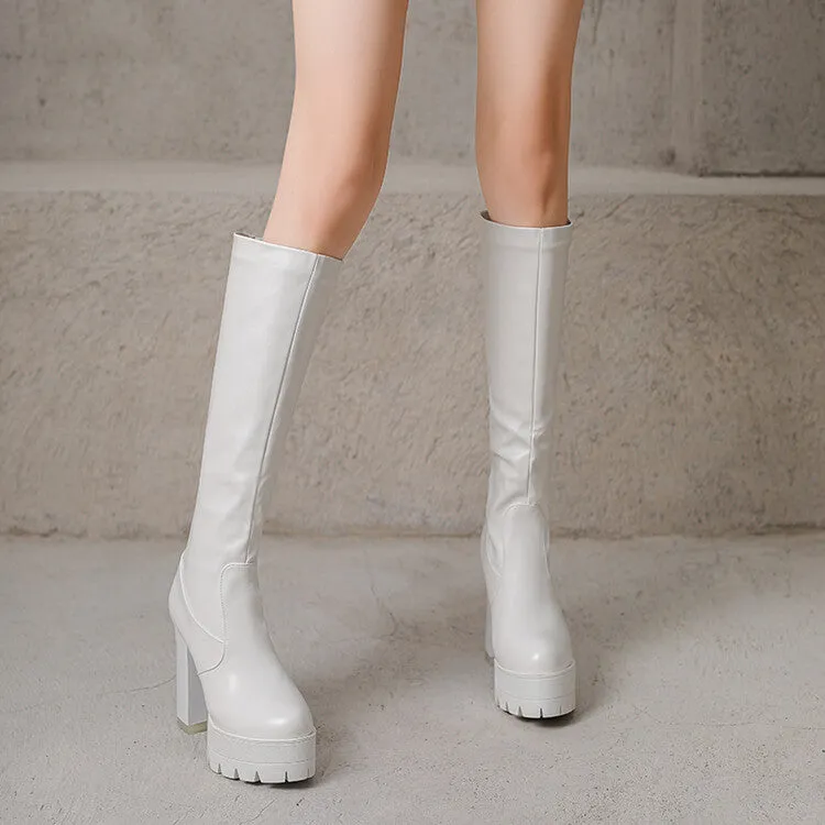 Women's Round Toe Block Heel Platform Knee High Boots