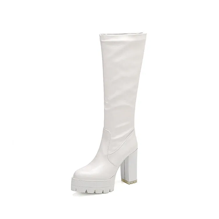 Women's Round Toe Block Heel Platform Knee High Boots