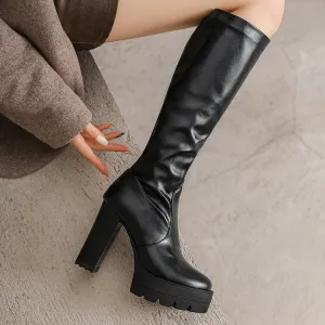 Women's Round Toe Block Heel Platform Knee High Boots