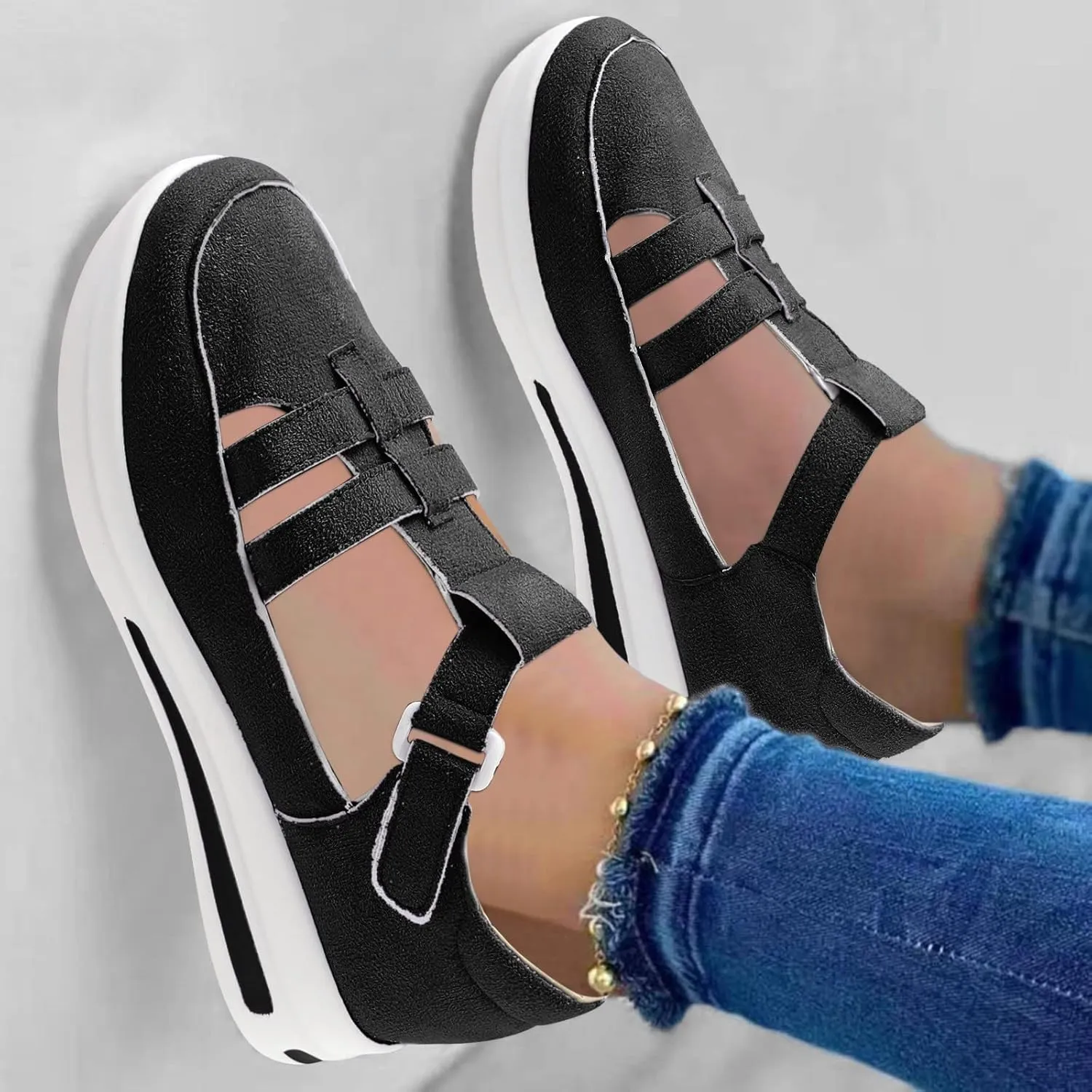 Womens Running Shoes Hollowed Out Flock Hook Loop Shoes Casual Thick Sole Shoes Arch Support Walking Shoes