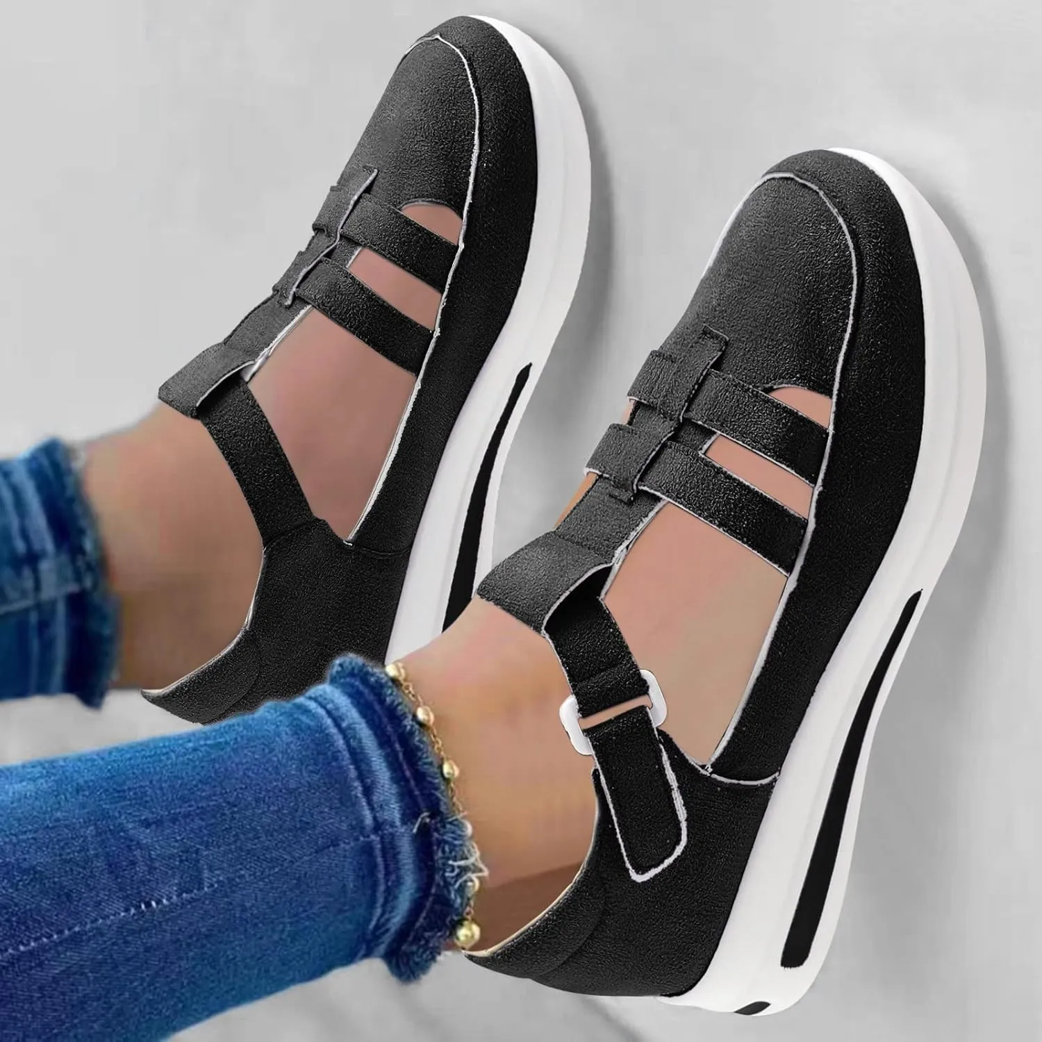 Womens Running Shoes Hollowed Out Flock Hook Loop Shoes Casual Thick Sole Shoes Arch Support Walking Shoes