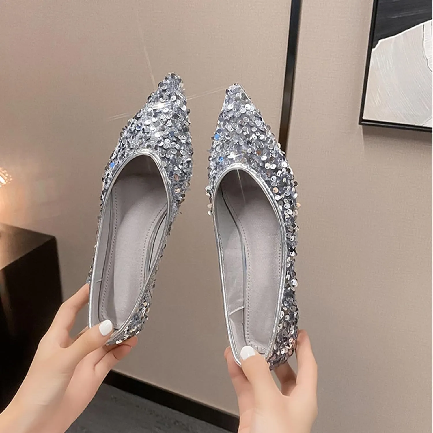 Women's Sequin Pointed Toe Flats Fashionable Glitter Sequins Ballet Flats Formal Shoes Comfortable Slip-On Non-Slip Low Heel Sparkly Wedding Bridal Dress Shoe