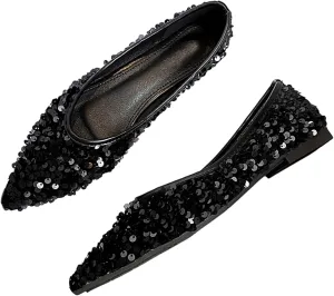 Women's Sequin Pointed Toe Flats Fashionable Glitter Sequins Ballet Flats Formal Shoes Comfortable Slip-On Non-Slip Low Heel Sparkly Wedding Bridal Dress Shoe