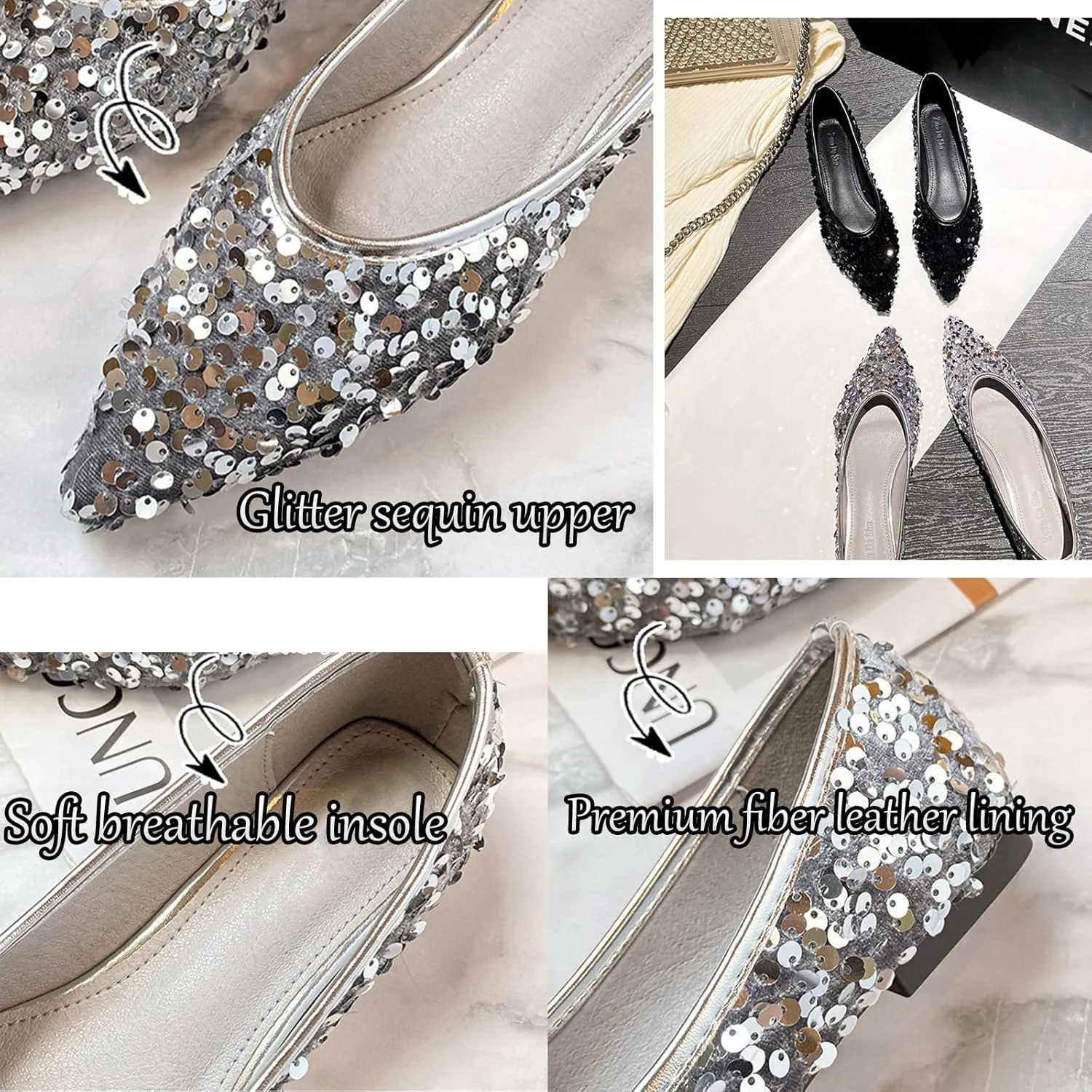 Women's Sequin Pointed Toe Flats Fashionable Glitter Sequins Ballet Flats Formal Shoes Comfortable Slip-On Non-Slip Low Heel Sparkly Wedding Bridal Dress Shoe