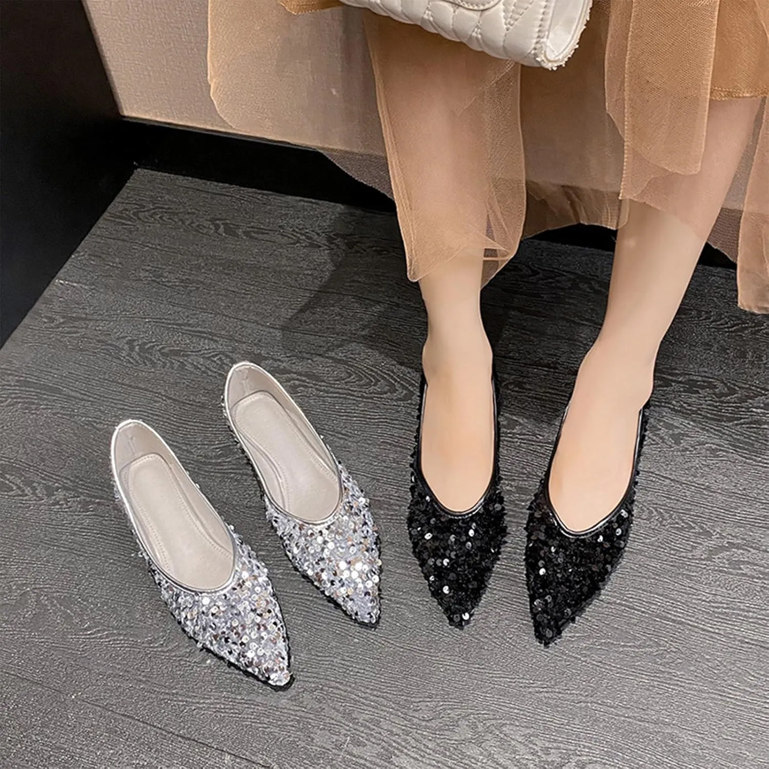 Women's Sequin Pointed Toe Flats Fashionable Glitter Sequins Ballet Flats Formal Shoes Comfortable Slip-On Non-Slip Low Heel Sparkly Wedding Bridal Dress Shoe