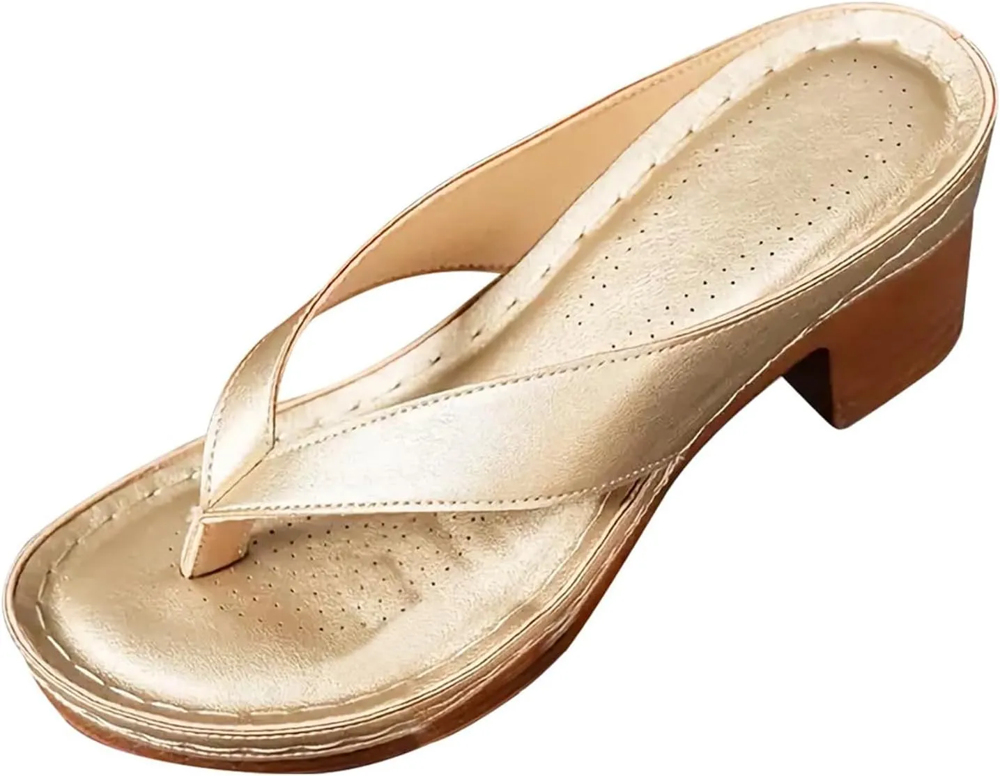 Women's Solid Color Summer Chunky Heel Sandals Casual Flip Flops Comfortable Arch Support Sandals Dressy Slip on Beach Slippers
