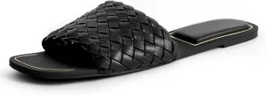 Women's Squared Open Toe Slide Sandals Braided Single Strap Leather Low Heel Flat Shoes Strappy Beach Sandals Slippers For Summer