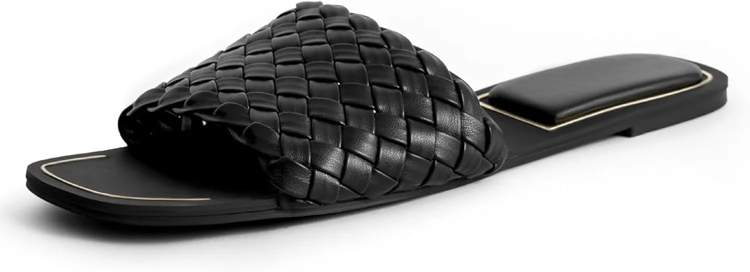 Women's Squared Open Toe Slide Sandals Braided Single Strap Leather Low Heel Flat Shoes Strappy Beach Sandals Slippers For Summer
