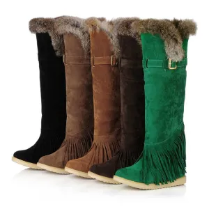 Women's Suede Round Toe Tassel Belts Buckles Fur Knee High Boots