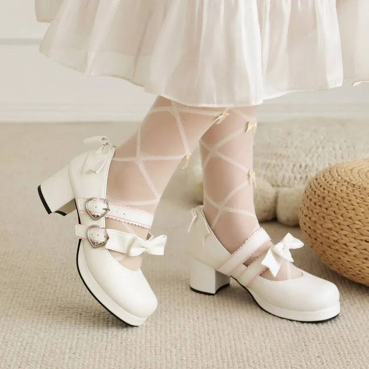 Women's Two Bow Chunky Heel Platform Pumps High Heels Mary Jane Lolita Shoes