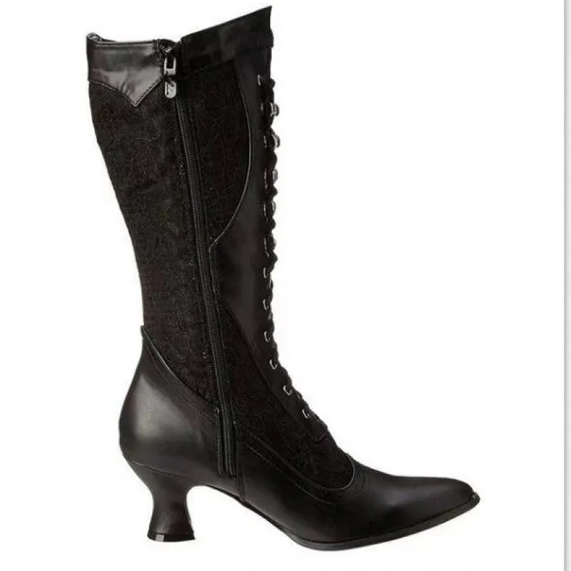 Women's vintage louis heels mid calf boots lace embroidery pointed toe elegant boots