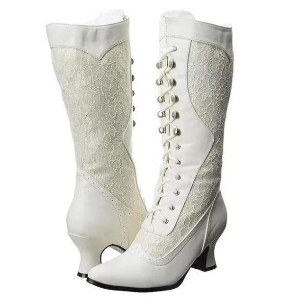 Women's vintage louis heels mid calf boots lace embroidery pointed toe elegant boots