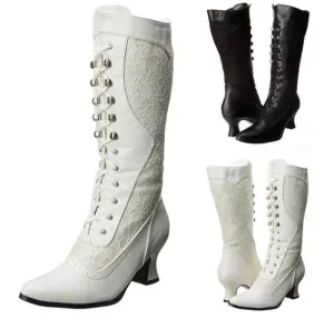 Women's vintage louis heels mid calf boots lace embroidery pointed toe elegant boots