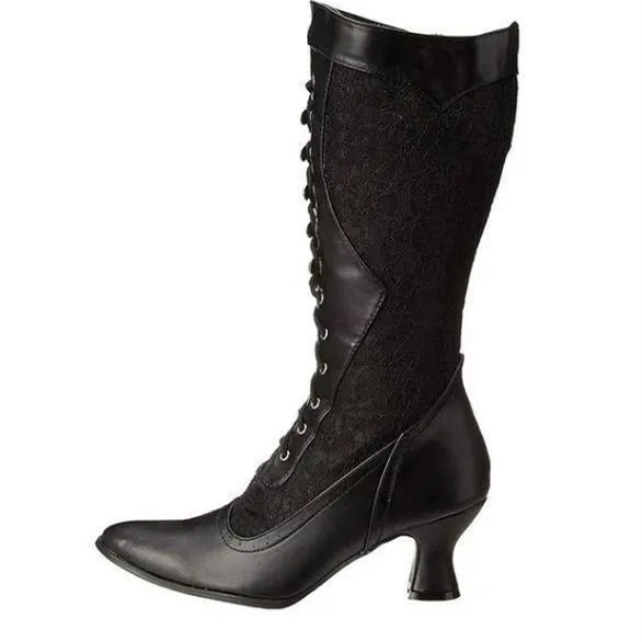 Women's vintage louis heels mid calf boots lace embroidery pointed toe elegant boots