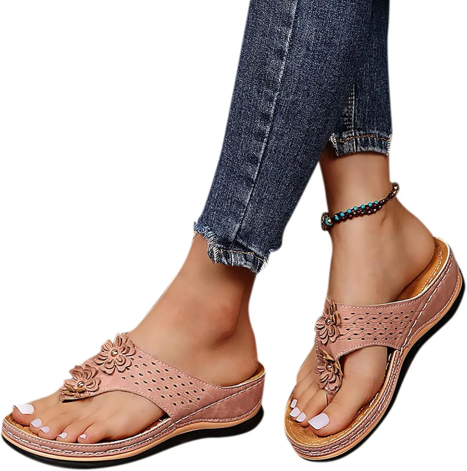 Women's Wedge Flip Flops Breathable Summer Beach Slippers Versatile Dressy Sandals Cushioned Slip-On Slides