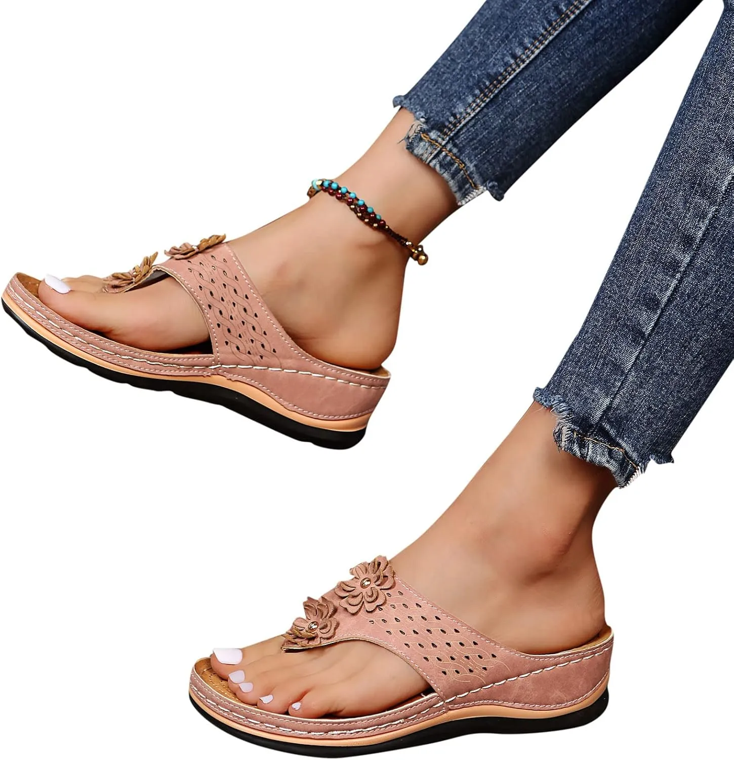 Women's Wedge Flip Flops Breathable Summer Beach Slippers Versatile Dressy Sandals Cushioned Slip-On Slides