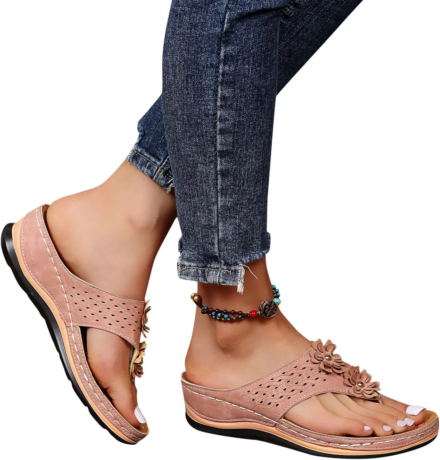 Women's Wedge Flip Flops Breathable Summer Beach Slippers Versatile Dressy Sandals Cushioned Slip-On Slides