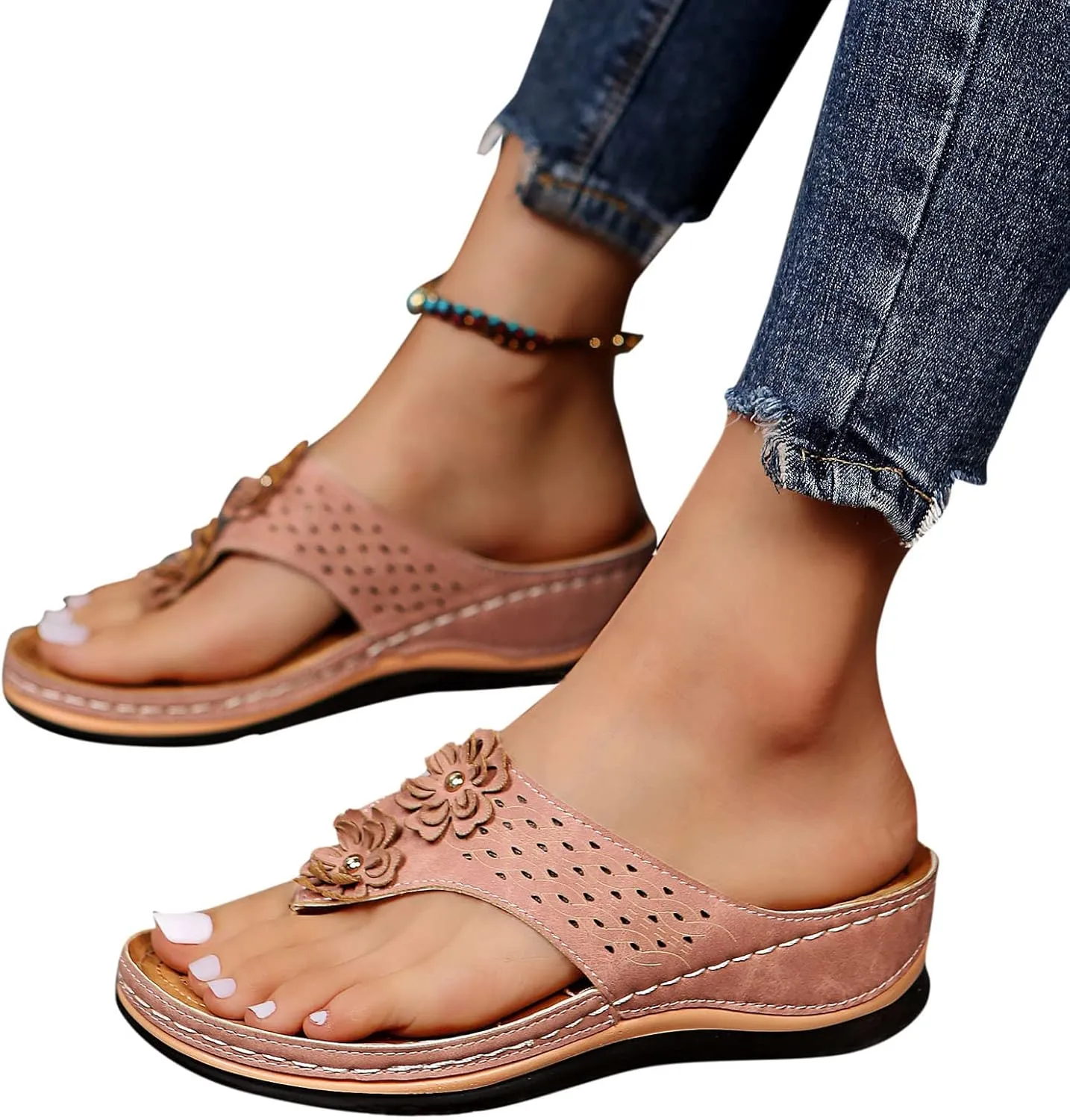 Women's Wedge Flip Flops Breathable Summer Beach Slippers Versatile Dressy Sandals Cushioned Slip-On Slides
