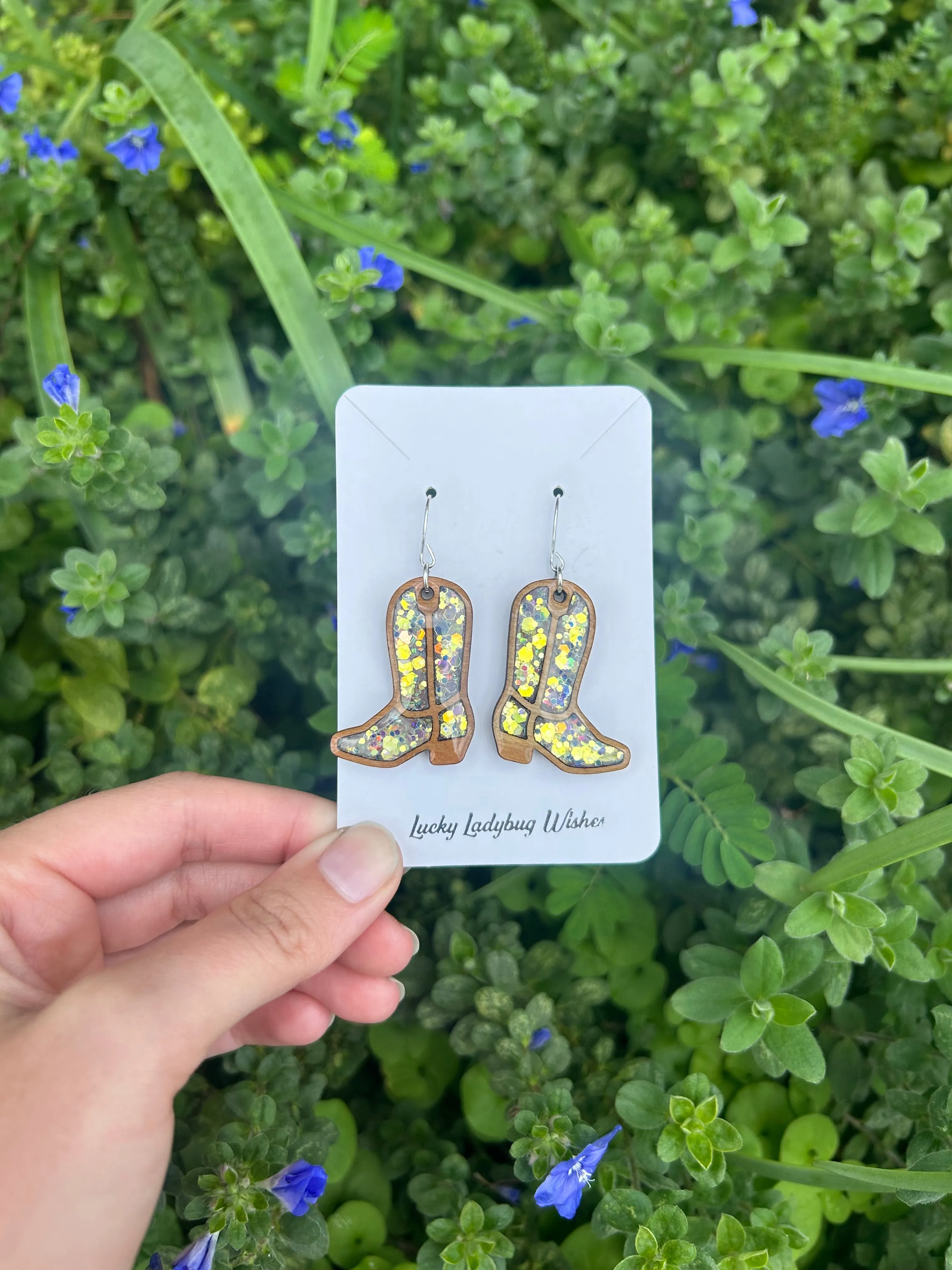 Wooden cowgirl boot earrings