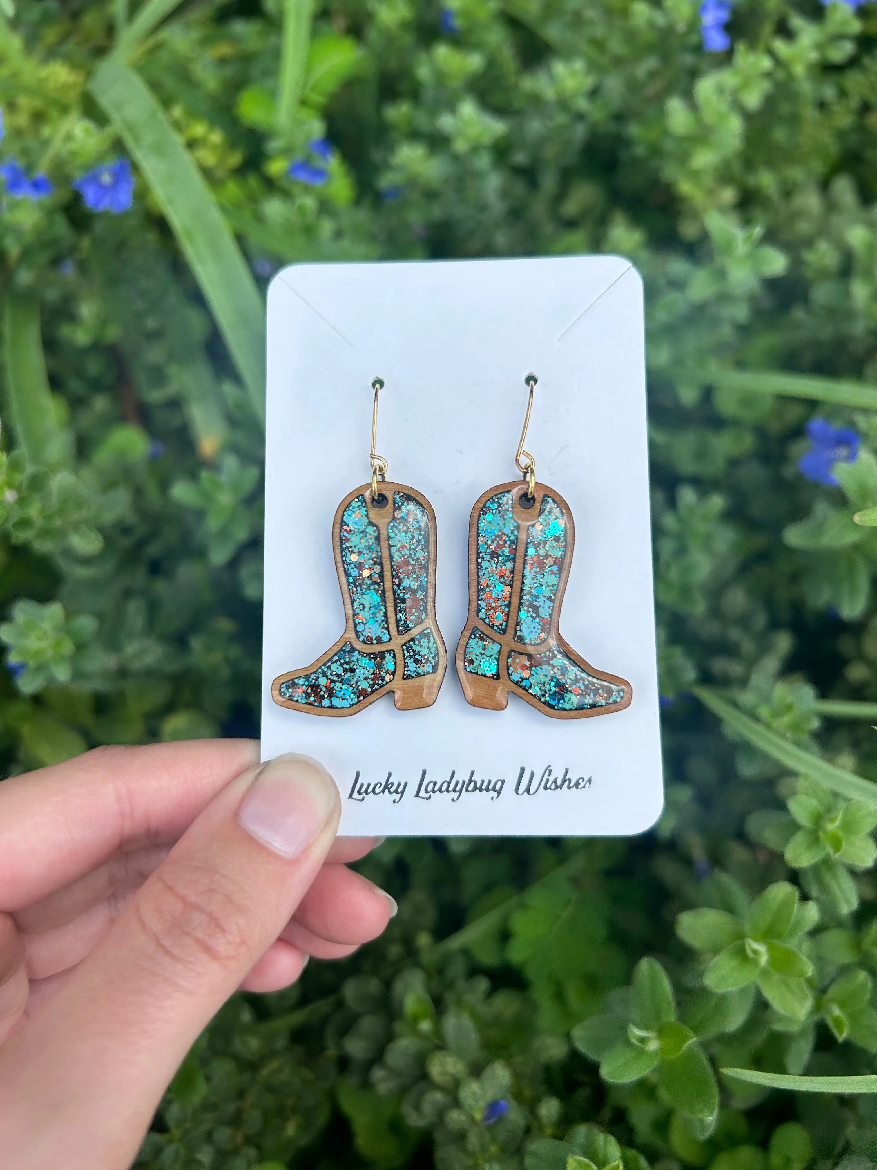 Wooden cowgirl boot earrings