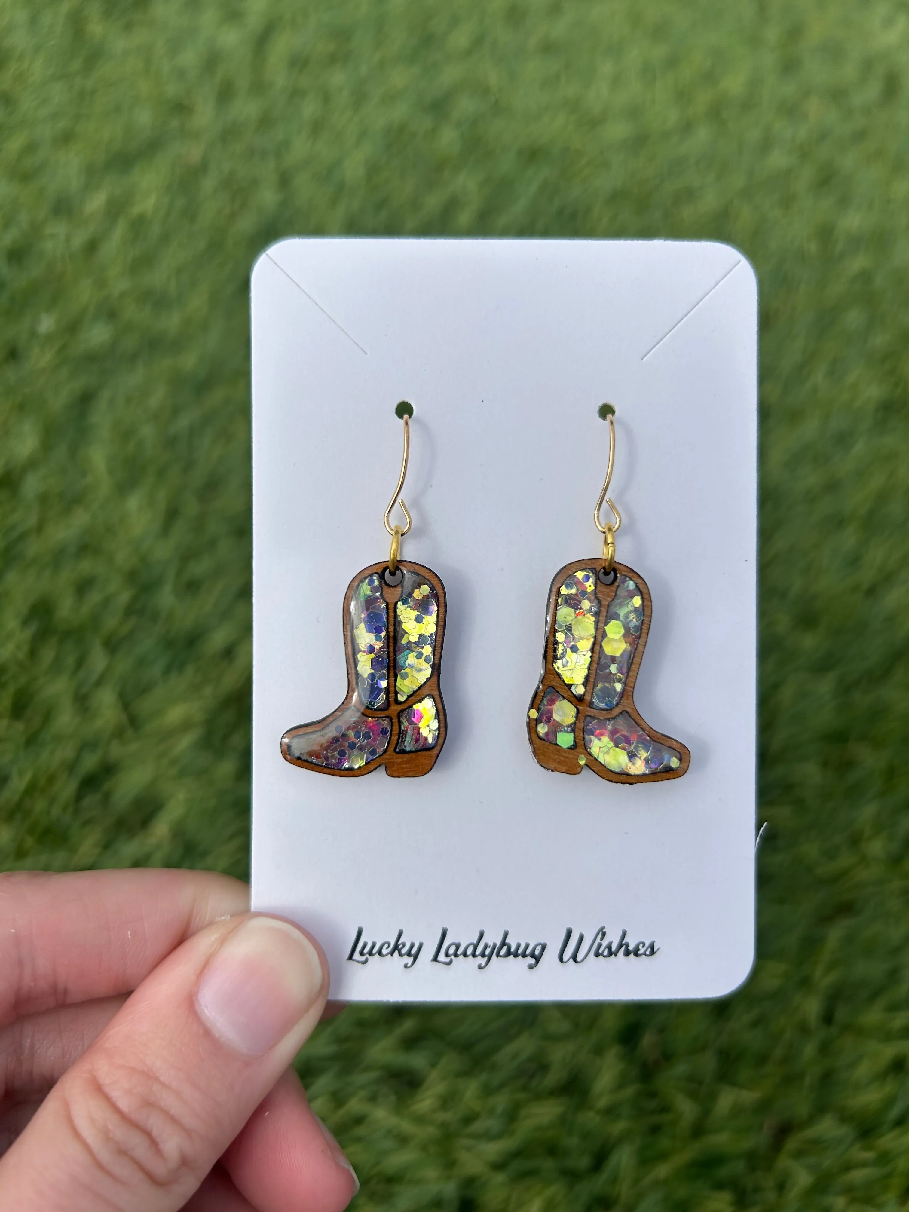 Wooden cowgirl boot earrings