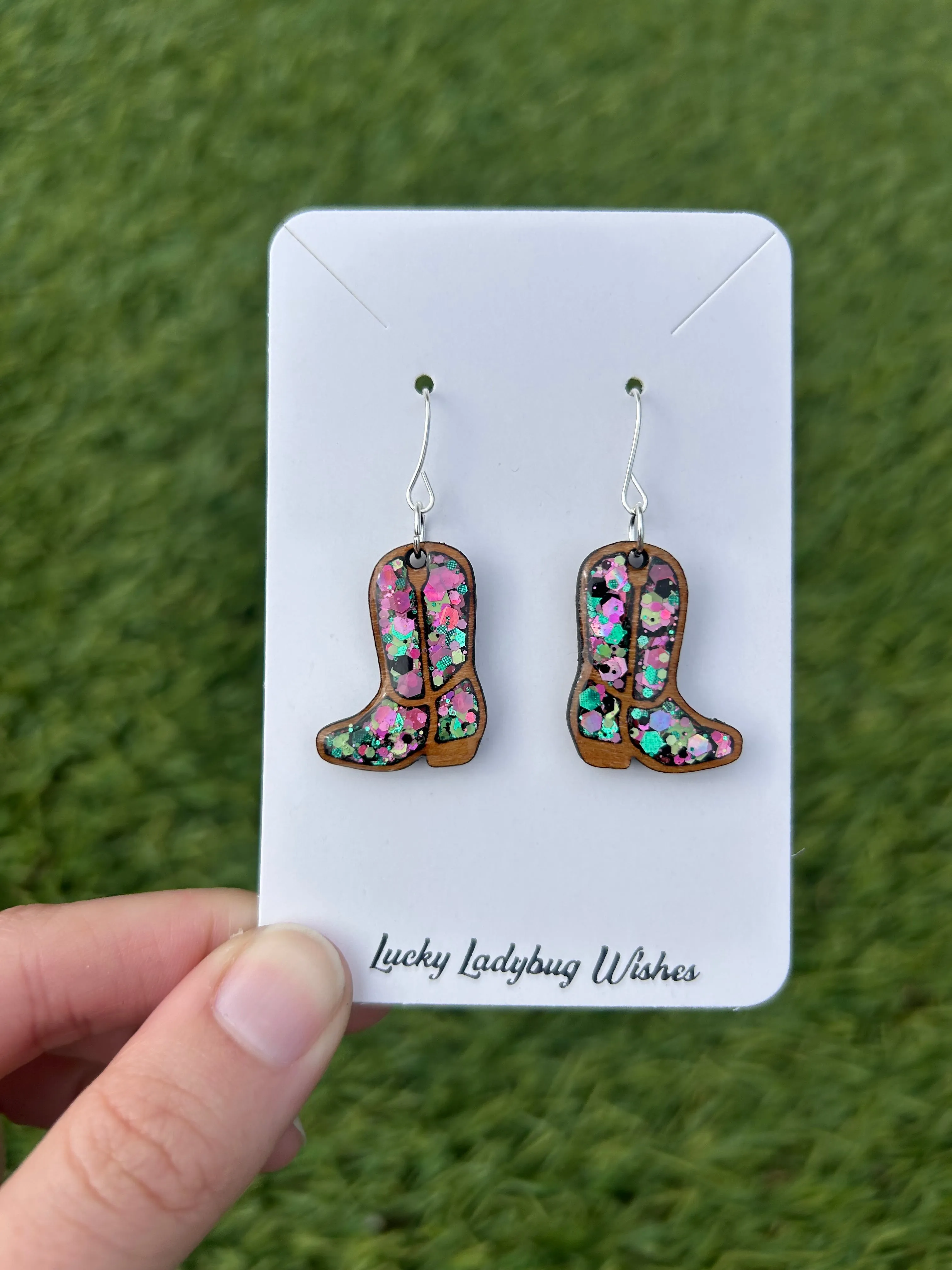 Wooden cowgirl boot earrings