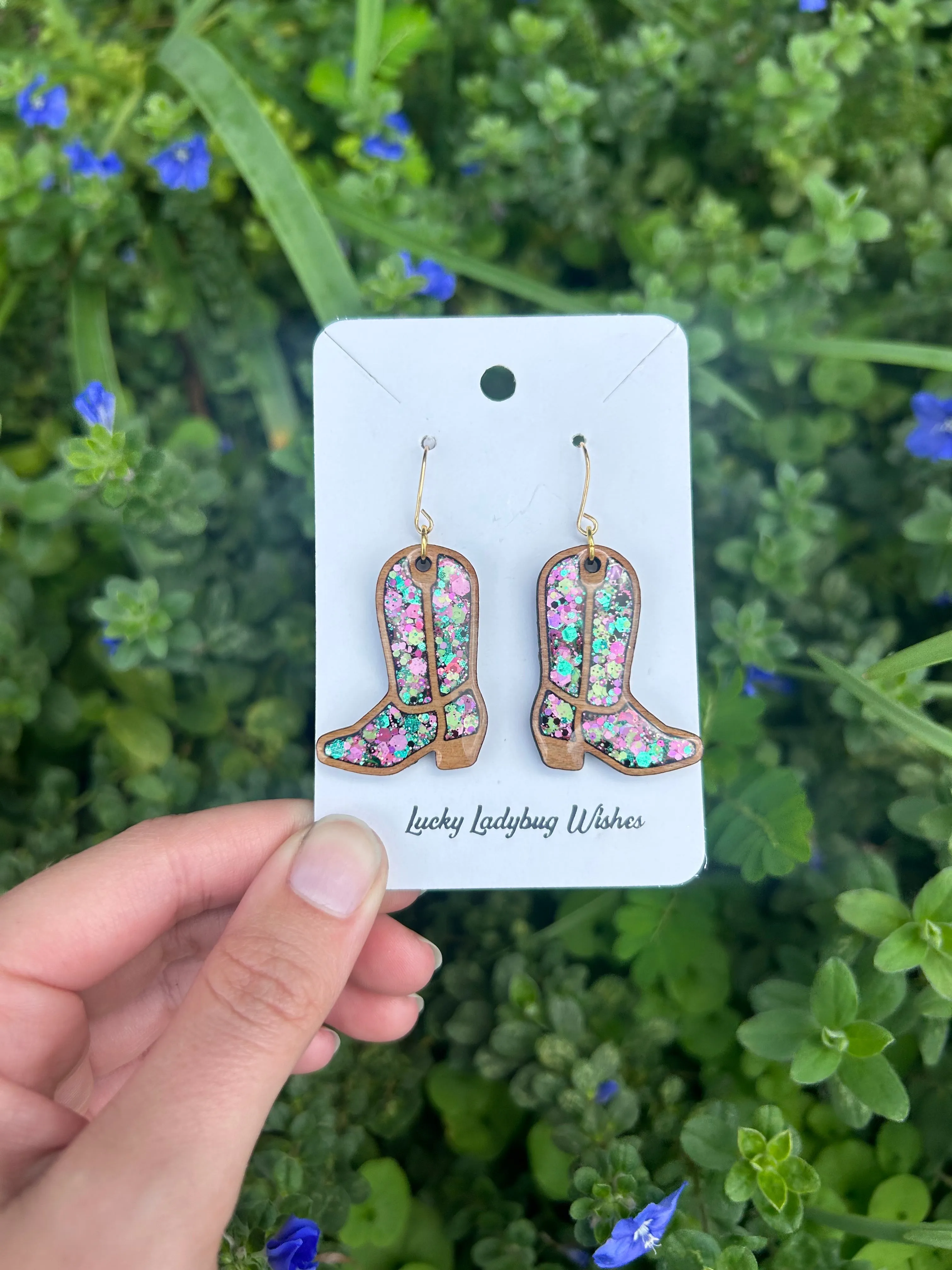 Wooden cowgirl boot earrings