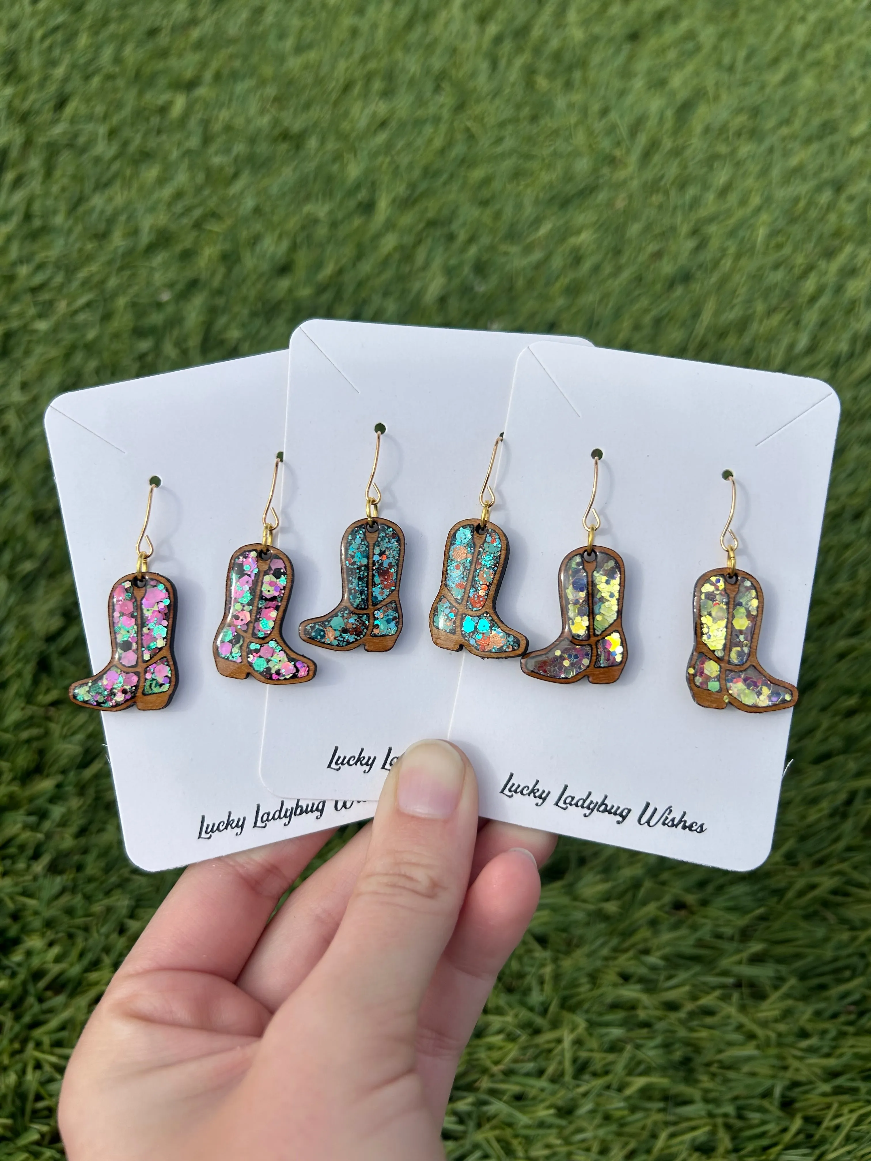 Wooden cowgirl boot earrings