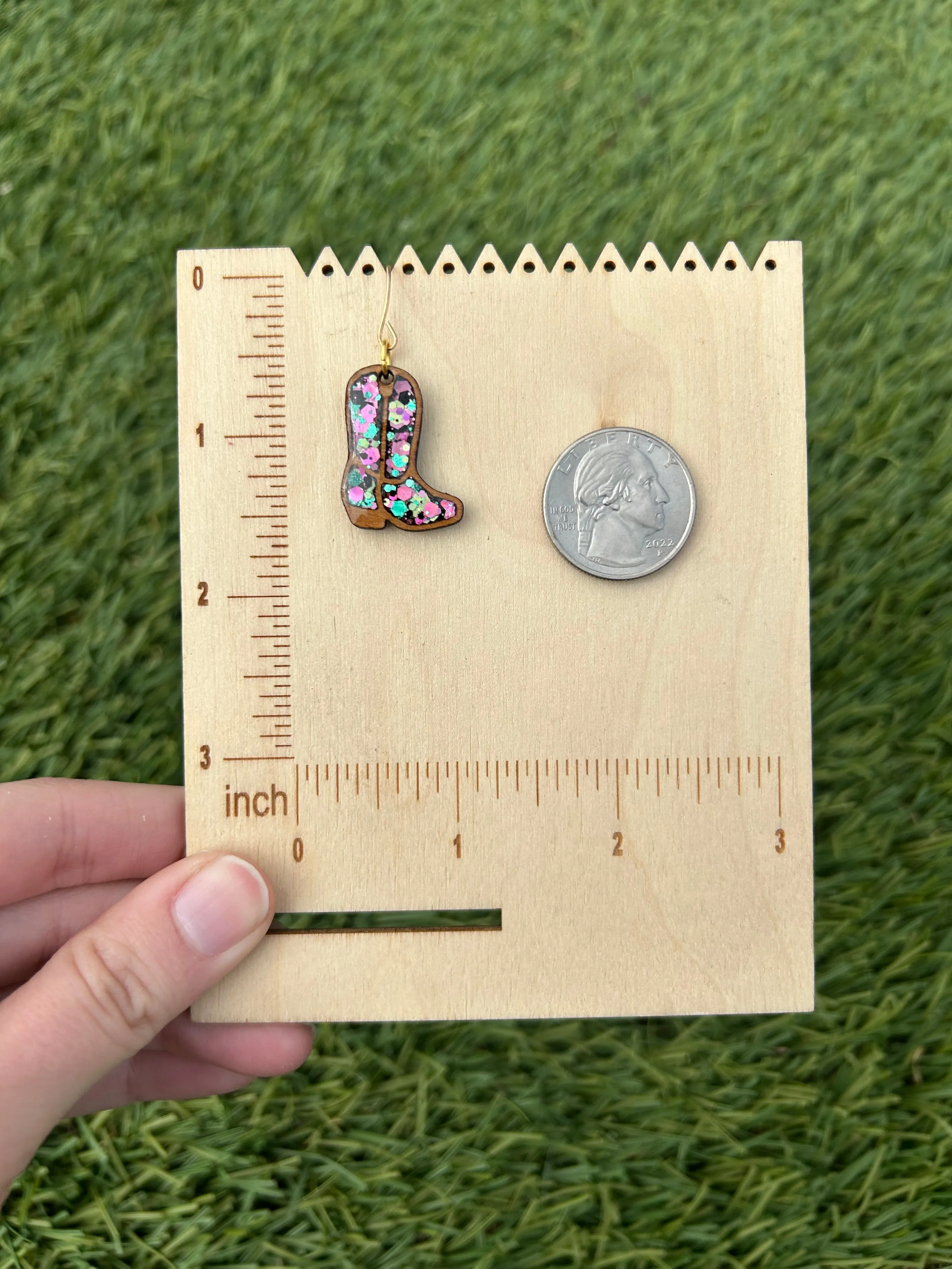 Wooden cowgirl boot earrings