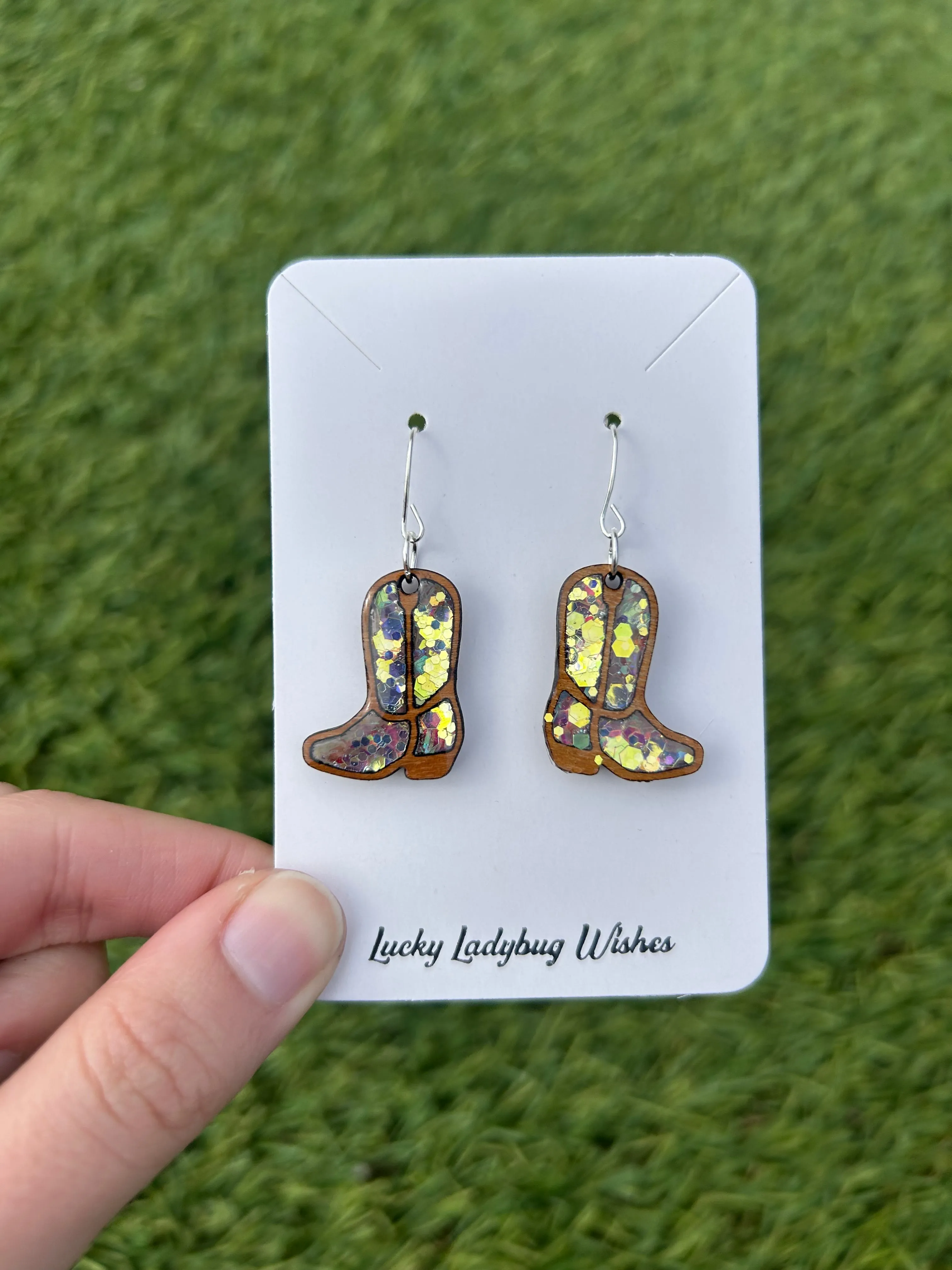 Wooden cowgirl boot earrings