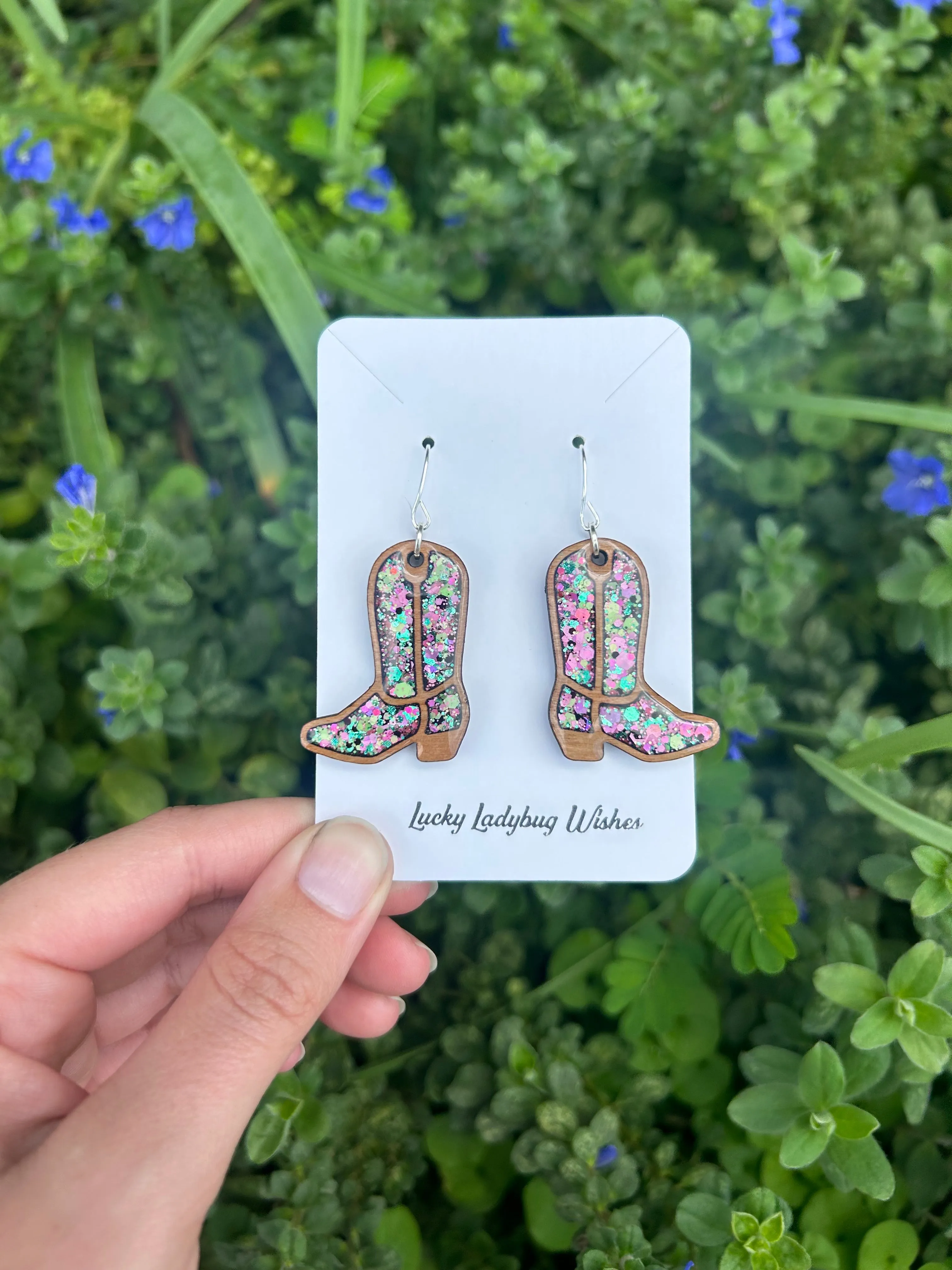 Wooden cowgirl boot earrings