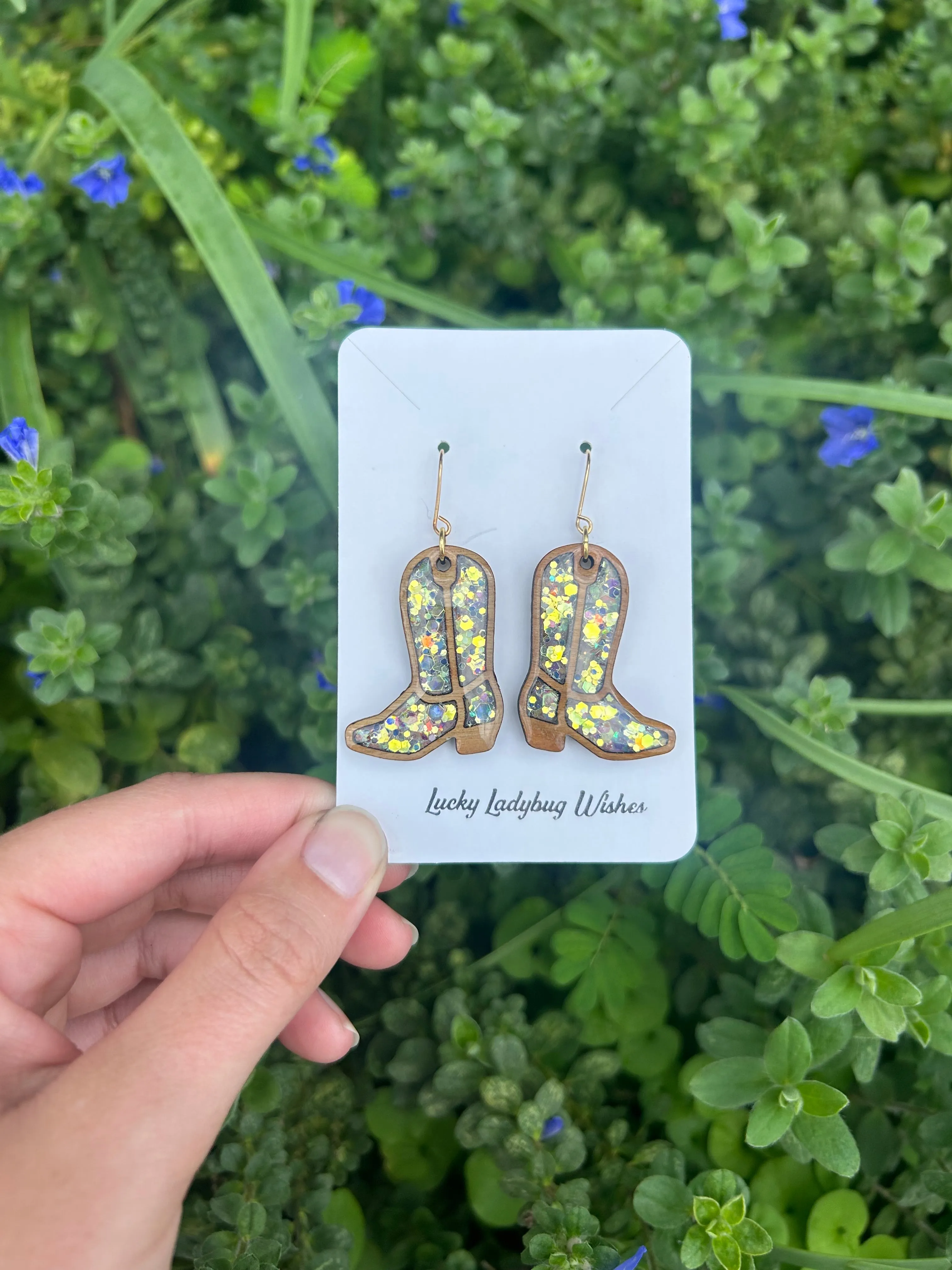 Wooden cowgirl boot earrings