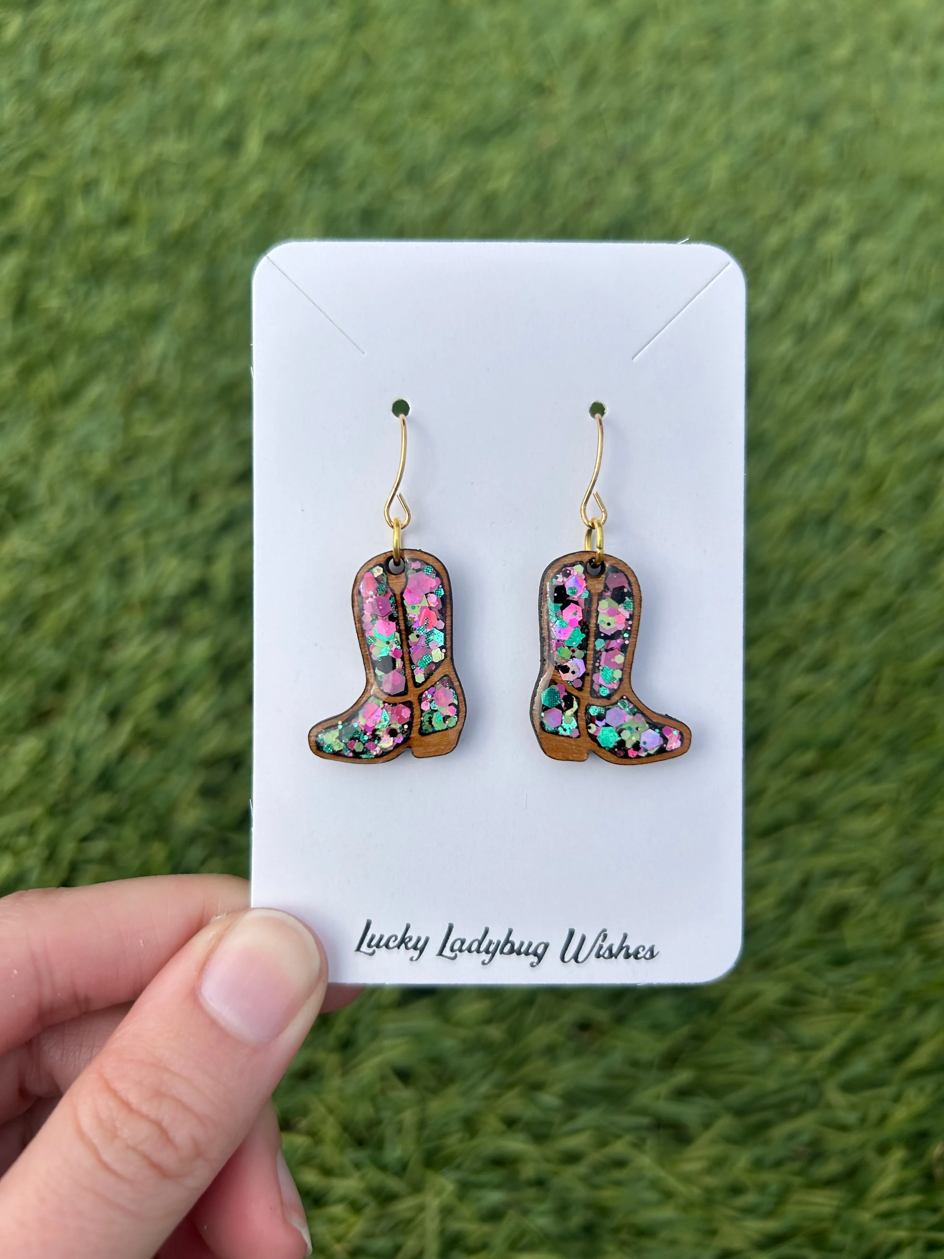 Wooden cowgirl boot earrings