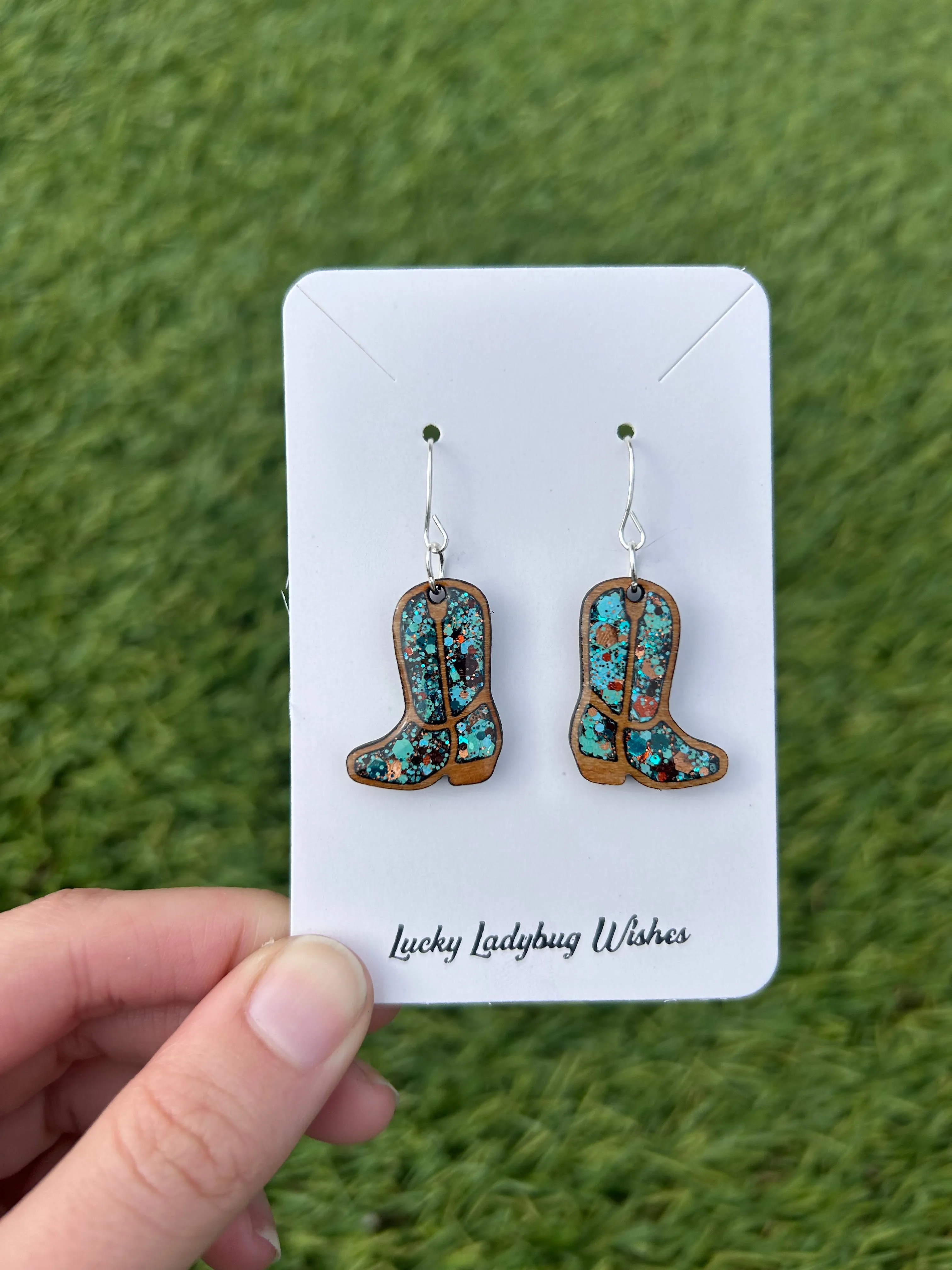Wooden cowgirl boot earrings