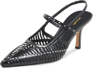 XYD Women Caged Pointed Toe Mid Heel Pumps Multi Studs Slingback Sandals Chic Party Formal Shoes