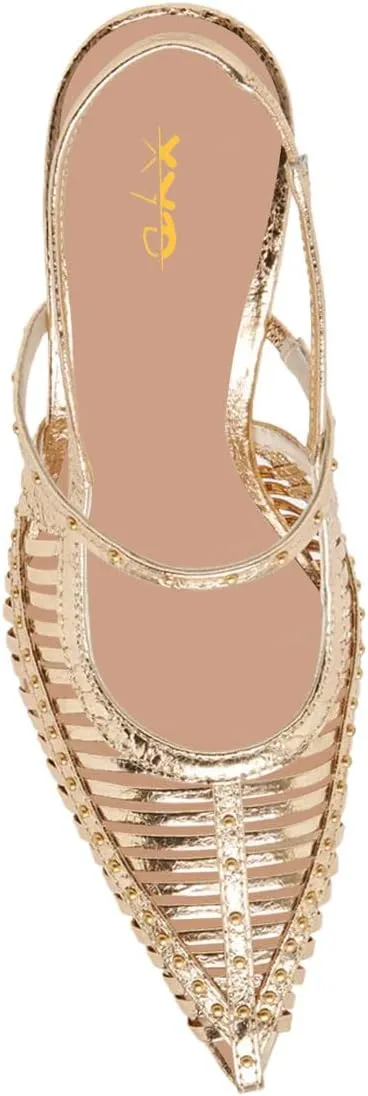 XYD Women Caged Pointed Toe Mid Heel Pumps Multi Studs Slingback Sandals Chic Party Formal Shoes