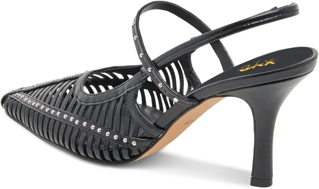 XYD Women Caged Pointed Toe Mid Heel Pumps Multi Studs Slingback Sandals Chic Party Formal Shoes
