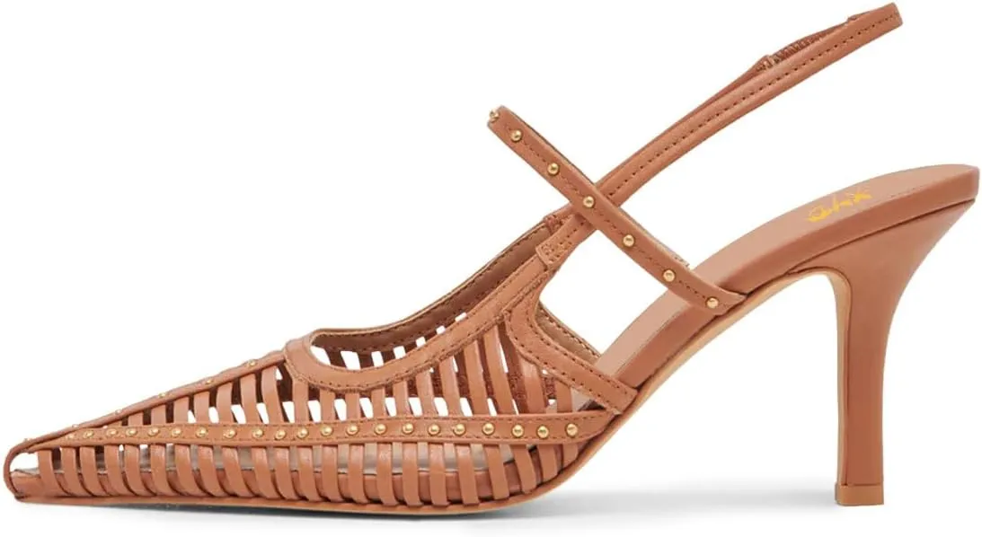 XYD Women Caged Pointed Toe Mid Heel Pumps Multi Studs Slingback Sandals Chic Party Formal Shoes