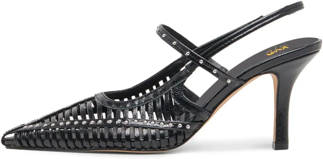 XYD Women Caged Pointed Toe Mid Heel Pumps Multi Studs Slingback Sandals Chic Party Formal Shoes