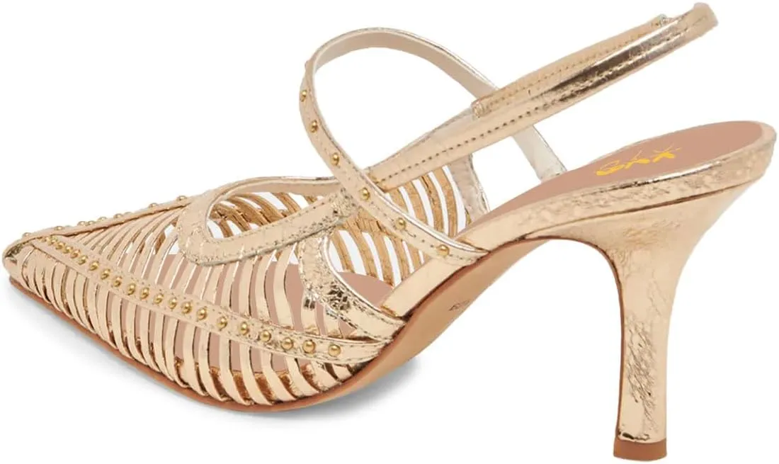 XYD Women Caged Pointed Toe Mid Heel Pumps Multi Studs Slingback Sandals Chic Party Formal Shoes