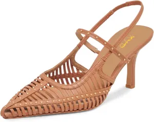 XYD Women Caged Pointed Toe Mid Heel Pumps Multi Studs Slingback Sandals Chic Party Formal Shoes